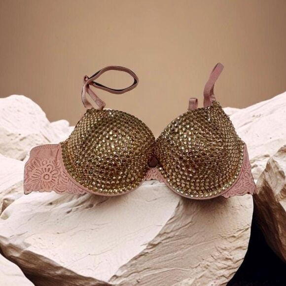 Blushing Beauty Pink Light Lift Demi Bra embellished Rose Gold Rhinestones Rave - Picture 1 of 6